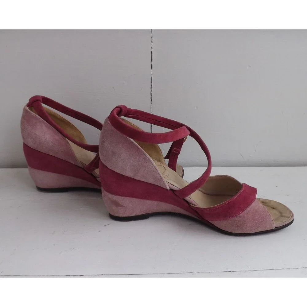 Bandolinos Two Tone Wedge Shoes Strappy Suede Pink Vintage 5 M 6 Narrow